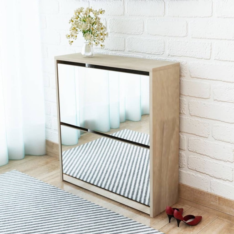 vidaXL Schuhschrank mit 2 Fächern Spiegel Eiche-Optik 63x17x67 cm vidaXL Schuhschrank mit 2 Fächern Spiegel Eiche-Optik 63x17x67 cm