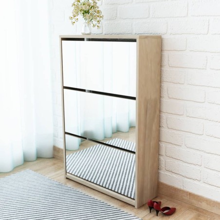 vidaXL Schuhschrank mit 3 Fächern Spiegel Eiche-Optik 63x17x102,5 cm