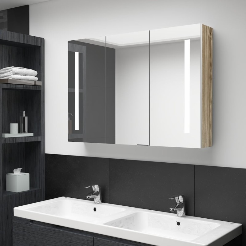 vidaXL LED-Bad-Spiegelschrank 89x14x62 cm Weiß und Eichen-Optik vidaXL LED-Bad-Spiegelschrank 89x14x62 cm Weiß und Eichen-Optik