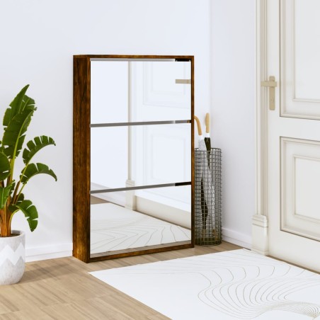 vidaXL Schuhschrank mit Spiegel 3 Fächer Räuchereiche 63x17x102,5 cm