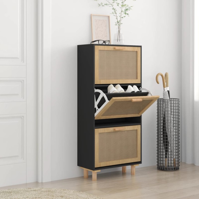 vidaXL Schuhschrank Schwarz 52x25x115 cm Holzwerkstoff & Rattan Natur vidaXL Schuhschrank Schwarz 52x25x115 cm Holzwerkstoff & Rattan Natur