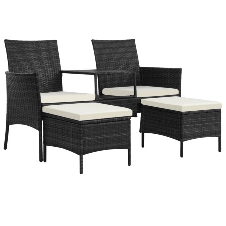 vidaXL 2-Sitzer-Gartensofa mit Tisch & Hocker Poly Rattan Schwarz