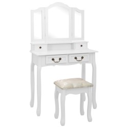 vidaXL Schminktisch-Set mit Hocker Weiß 80x69x141cm Paulowniaholz 