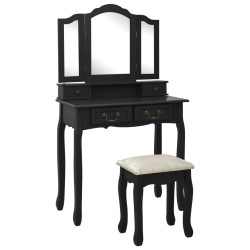 vidaXL Schminktisch-Set mit Hocker Schwarz 80x69x141 cm Paulowniaholz 