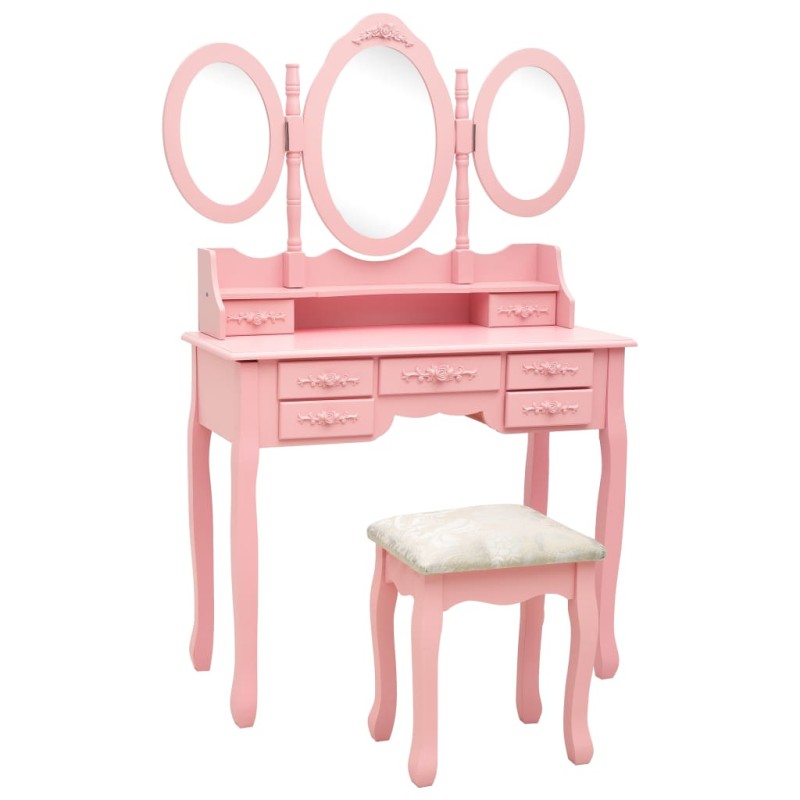 vidaXL Schminktisch mit Hocker und Dreifach-Spiegel Rosa vidaXL Schminktisch mit Hocker und Dreifach-Spiegel Rosa