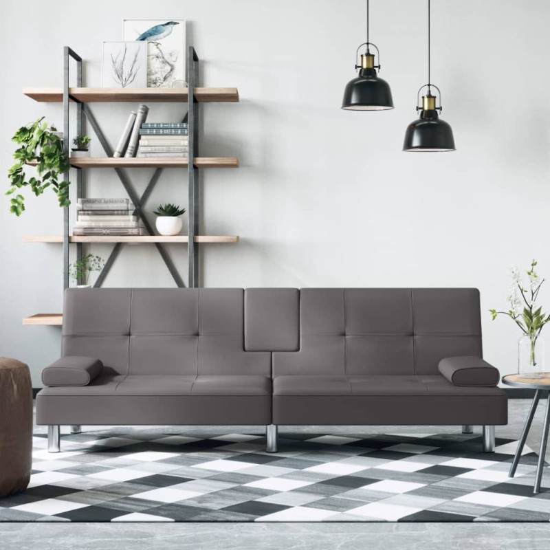 vidaXL Schlafsofa mit Getränkehaltern Grau Kunstleder vidaXL Schlafsofa mit Getränkehaltern Grau Kunstleder