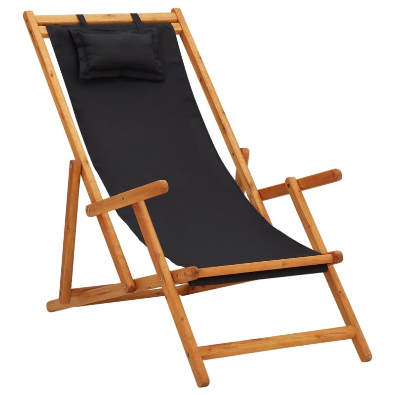 vidaXL Klappbarer Strandstuhl Eukalyptus Massivholz und Stoff Schwarz vidaXL Klappbarer Strandstuhl Eukalyptus Massivholz und Stoff Schwarz
