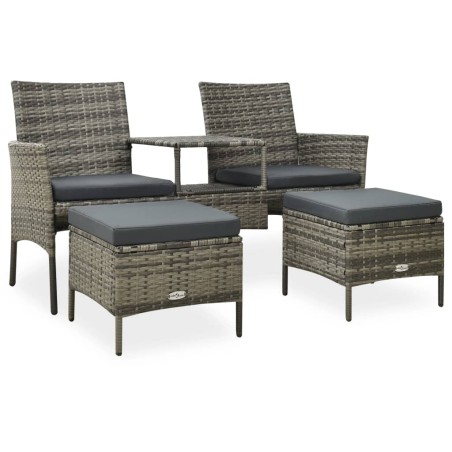 vidaXL 2-Sitzer-Gartensofa mit Teetisch und Hocker Poly Rattan Grau