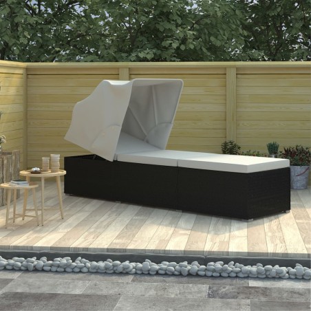 vidaXL Sonnenliege mit Sonnenschutz und Auflagen Poly Rattan Cremeweiß