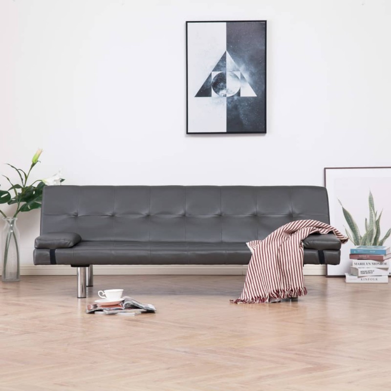 vidaXL Schlafsofa mit 2 Kissen Kunstleder Ausziehbar Grau vidaXL Schlafsofa mit 2 Kissen Kunstleder Ausziehbar Grau