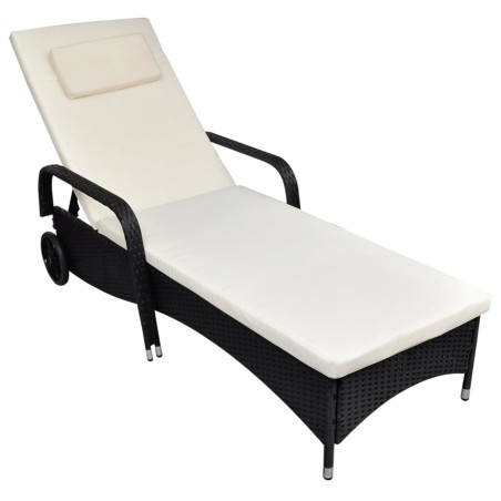 vidaXL Sonnenliege mit Polster & Rollen Poly Rattan Schwarz