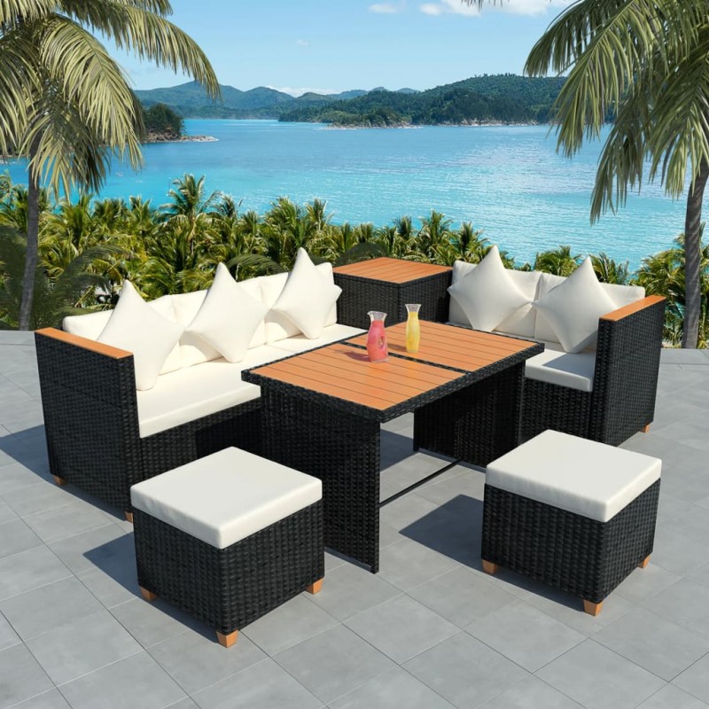vidaXL 7-tlg. Garten-Lounge-Set mit Auflagen Poly Rattan Schwarz vidaXL 7-tlg. Garten-Lounge-Set mit Auflagen Poly Rattan Schwarz
