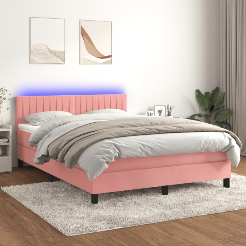vidaXL Boxspringbett mit Matratze & LED Rosa 140x200 cm Samt vidaXL Boxspringbett mit Matratze & LED Rosa 140x200 cm Samt