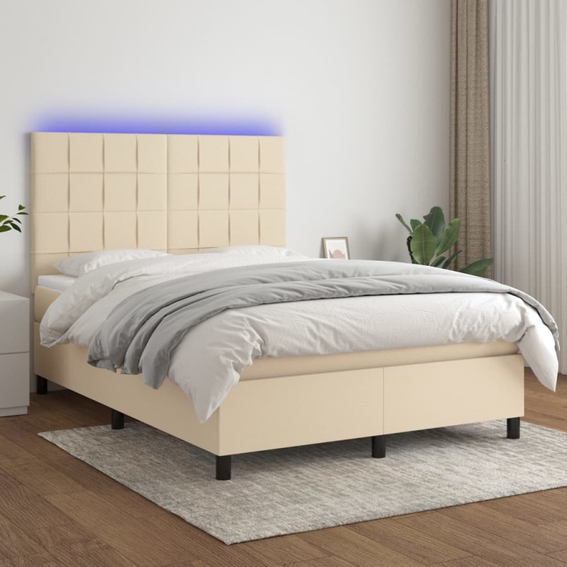 vidaXL Boxspringbett mit Matratze & LED Creme 140x200 cm Stoff vidaXL Boxspringbett mit Matratze & LED Creme 140x200 cm Stoff