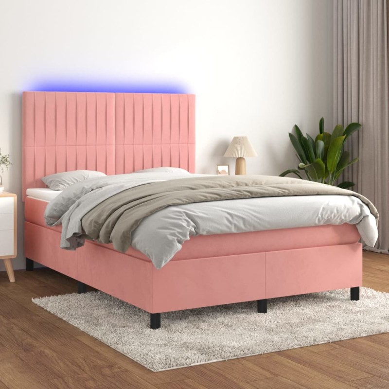 vidaXL Boxspringbett mit Matratze & LED Rosa 140x190 cm Samt vidaXL Boxspringbett mit Matratze & LED Rosa 140x190 cm Samt