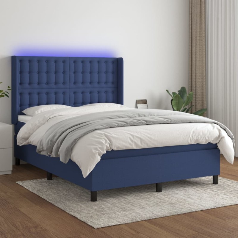 vidaXL Boxspringbett mit Matratze & LED Blau 140x200 cm Stoff vidaXL Boxspringbett mit Matratze & LED Blau 140x200 cm Stoff