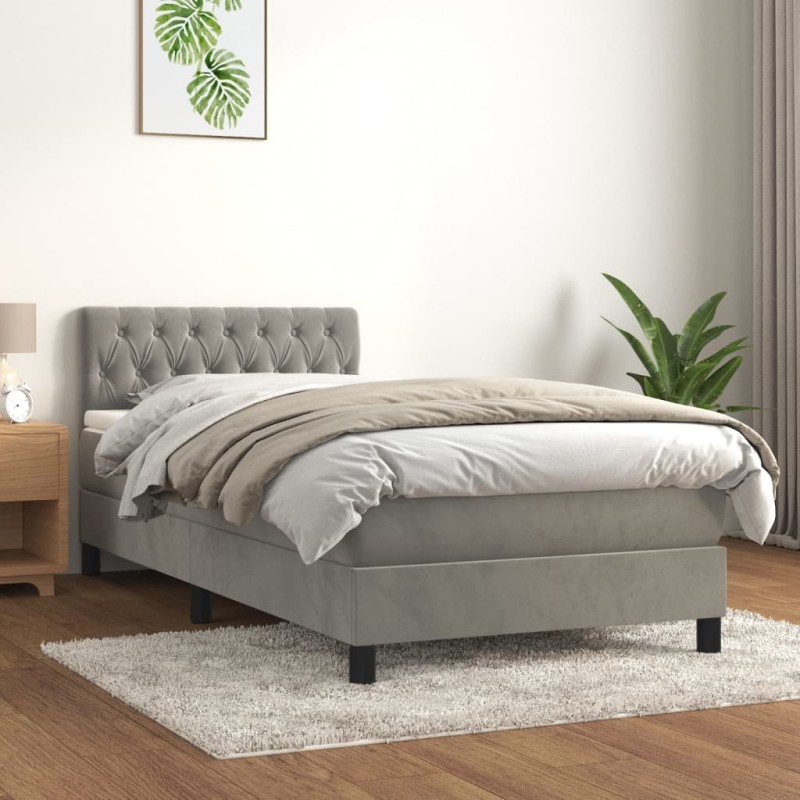 vidaXL Boxspringbett mit Matratze Hellgrau 90x190 cm Samt vidaXL Boxspringbett mit Matratze Hellgrau 90x190 cm Samt