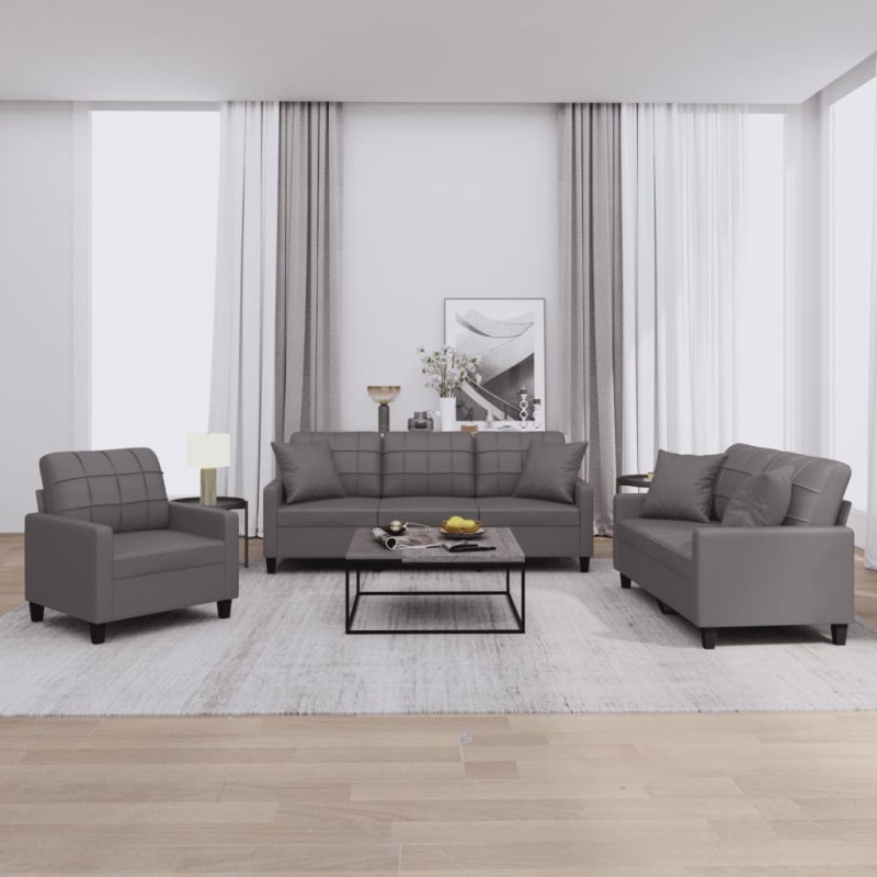 vidaXL 3-tlg. Sofagarnitur mit Kissen Grau Kunstleder vidaXL 3-tlg. Sofagarnitur mit Kissen Grau Kunstleder