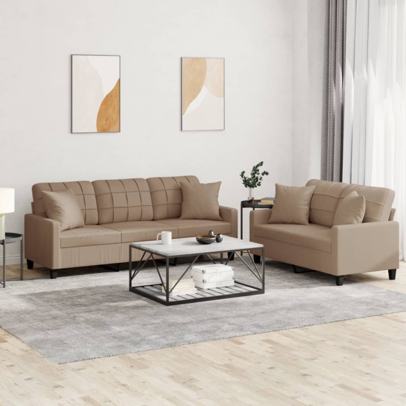 vidaXL 2-tlg. Sofagarnitur mit Kissen Cappuccino-Braun Kunstleder vidaXL 2-tlg. Sofagarnitur mit Kissen Cappuccino-Braun Kunstleder