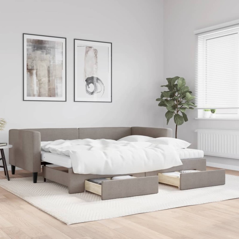 vidaXL Tagesbett Ausziehbar mit Schubladen Taupe 90x200 cm Stoff vidaXL Tagesbett Ausziehbar mit Schubladen Taupe 90x200 cm Stoff