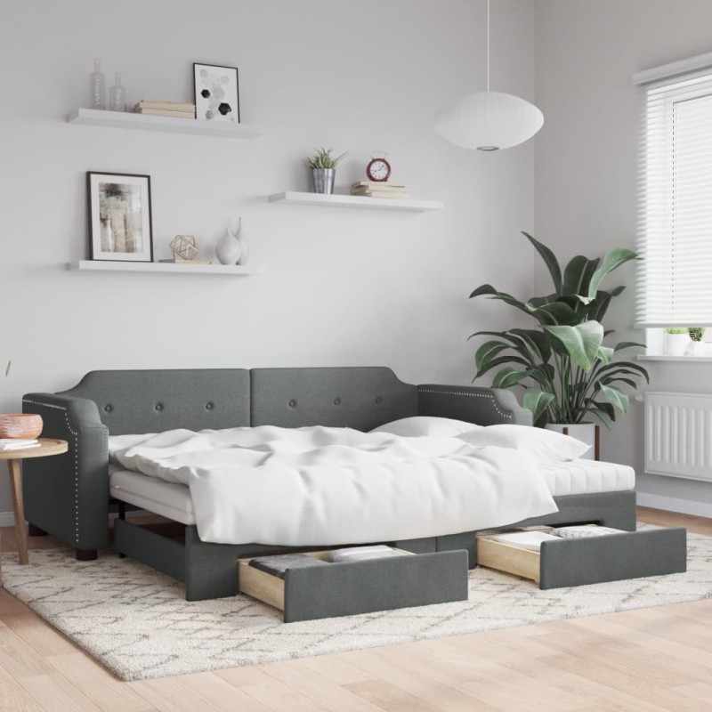 vidaXL Tagesbett Ausziehbar mit Schubladen Dunkelgrau 90x190 cm Stoff vidaXL Tagesbett Ausziehbar mit Schubladen Dunkelgrau 90x190 cm Stoff