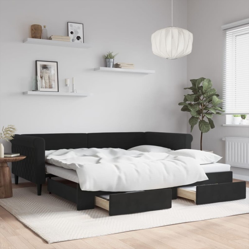 vidaXL Tagesbett Ausziehbar mit Schubladen Schwarz 100x200 cm Samt vidaXL Tagesbett Ausziehbar mit Schubladen Schwarz 100x200 cm Samt