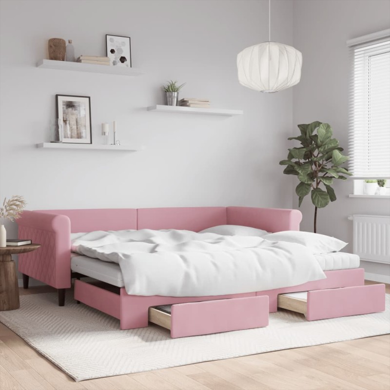 vidaXL Tagesbett Ausziehbar mit Schubladen Rosa 100x200 cm Samt vidaXL Tagesbett Ausziehbar mit Schubladen Rosa 100x200 cm Samt