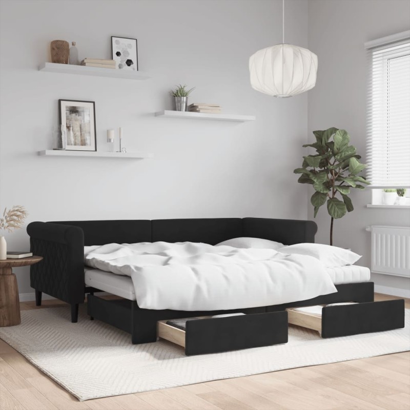 vidaXL Tagesbett Ausziehbar mit Schubladen Schwarz 90x190 cm Samt vidaXL Tagesbett Ausziehbar mit Schubladen Schwarz 90x190 cm Samt