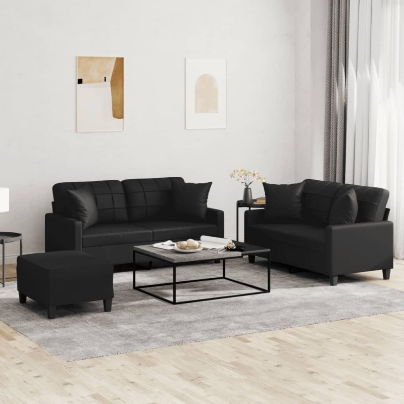 vidaXL 3-tlg. Sofagarnitur mit Kissen Schwarz Kunstleder vidaXL 3-tlg. Sofagarnitur mit Kissen Schwarz Kunstleder