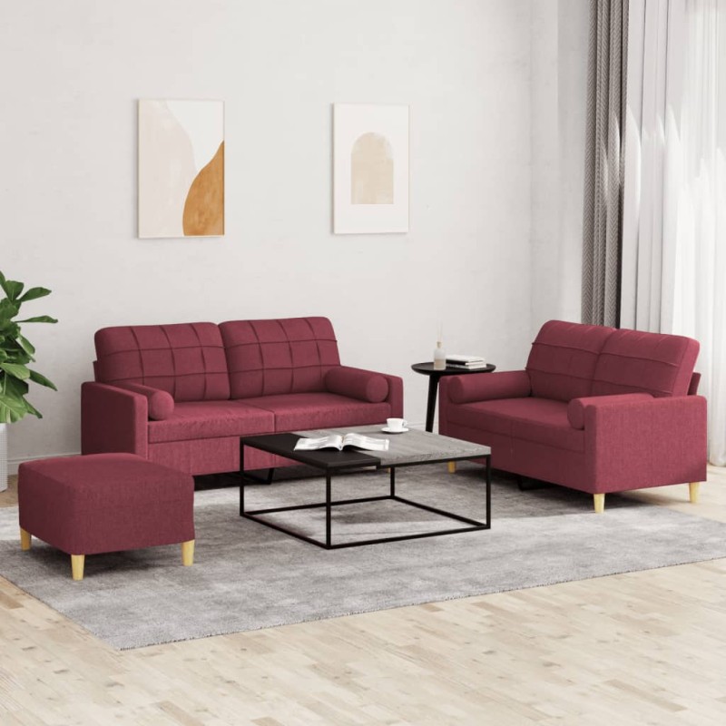 vidaXL 3-tlg. Sofagarnitur mit Kissen Weinrot Stoff vidaXL 3-tlg. Sofagarnitur mit Kissen Weinrot Stoff