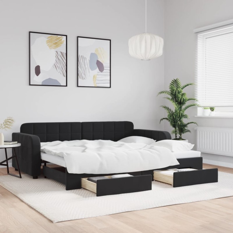 vidaXL Tagesbett Ausziehbar mit Schubladen Schwarz 90x190 cm Samt vidaXL Tagesbett Ausziehbar mit Schubladen Schwarz 90x190 cm Samt