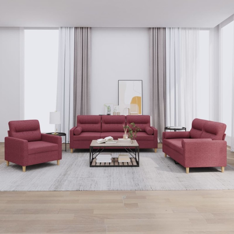 vidaXL 3-tlg. Sofagarnitur mit Kissen Weinrot Stoff vidaXL 3-tlg. Sofagarnitur mit Kissen Weinrot Stoff