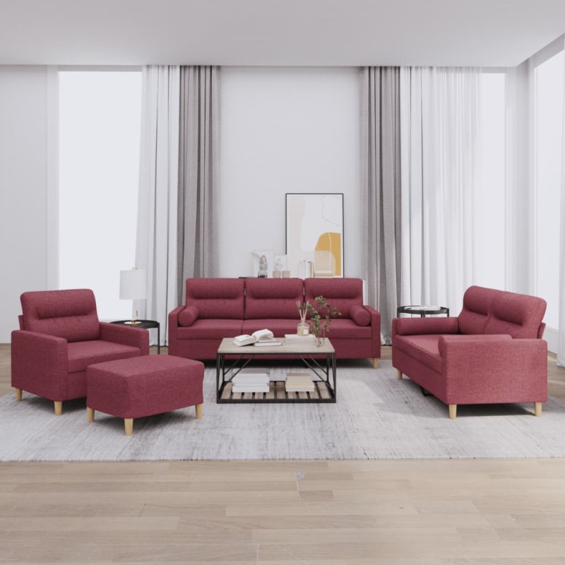 vidaXL 4-tlg. Sofagarnitur mit Kissen Weinrot Stoff vidaXL 4-tlg. Sofagarnitur mit Kissen Weinrot Stoff