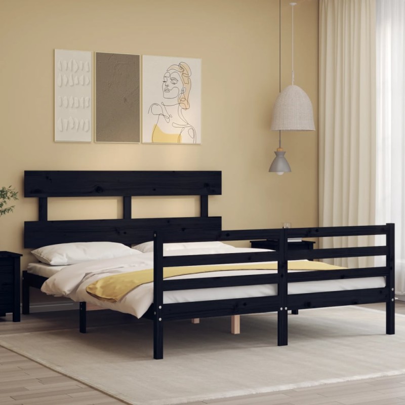 vidaXL Massivholzbett mit Kopfteil Schwarz 160x200 cm vidaXL Massivholzbett mit Kopfteil Schwarz 160x200 cm
