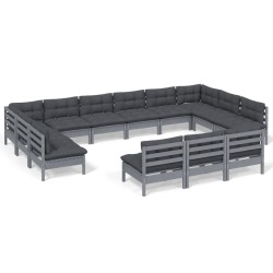 vidaXL 13-tlg. Garten-Lounge-Set mit Kissen Grau Kiefer Massivholz