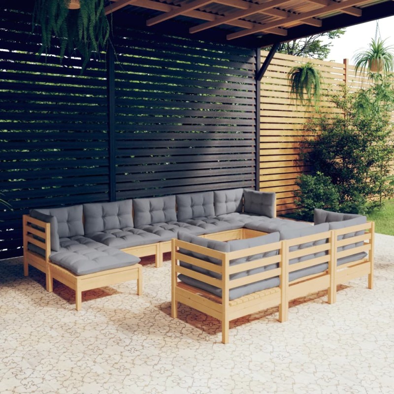 vidaXL 10-tlg. Garten-Lounge-Set mit Grauen Kissen Kiefer Massivholz vidaXL 10-tlg. Garten-Lounge-Set mit Grauen Kissen Kiefer Massivholz