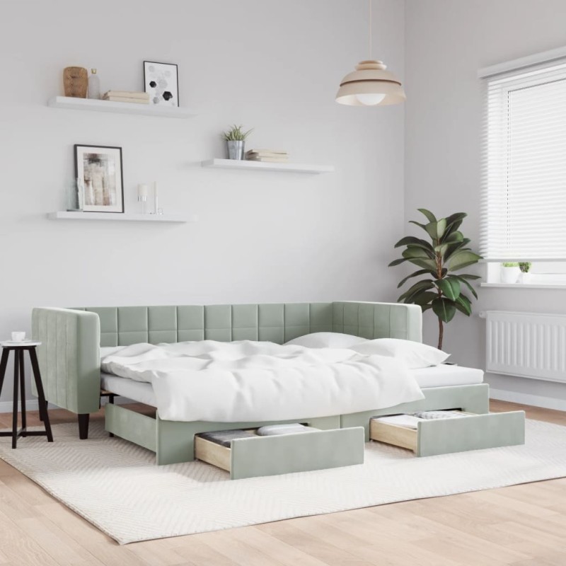 vidaXL Tagesbett Ausziehbar mit Schubladen Hellgrau 80x200 cm Samt vidaXL Tagesbett Ausziehbar mit Schubladen Hellgrau 80x200 cm Samt