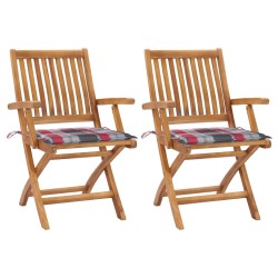 vidaXL Gartenstühle 2 Stk. Rote Karomuster-Kissen Massivholz Teak