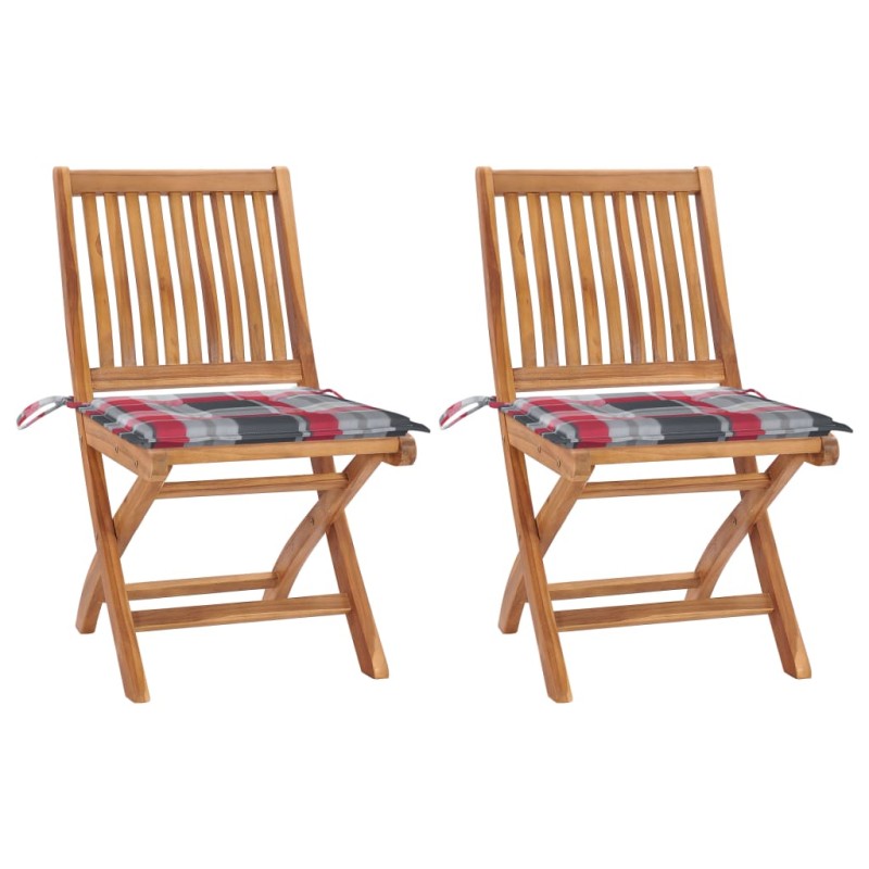 vidaXL Gartenstühle 2 Stk. Rote Karomuster-Kissen Massivholz Teak vidaXL Gartenstühle 2 Stk. Rote Karomuster-Kissen Massivholz Teak