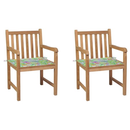 vidaXL Gartenstühle 2 Stk. mit Blattmuster Kissen Massivholz Teak