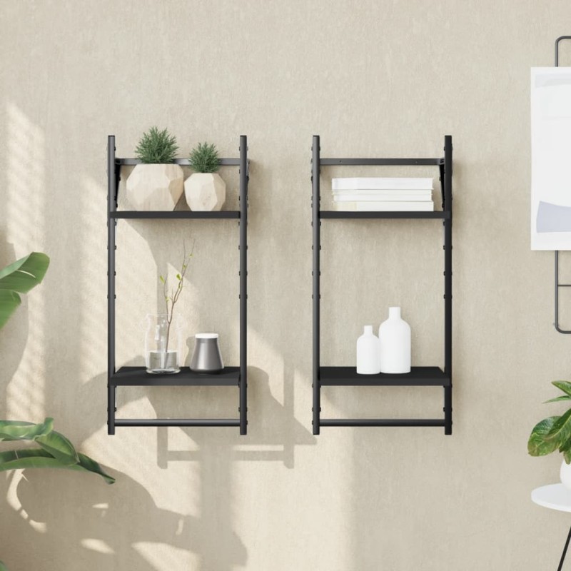 vidaXL Wandregale mit 2 Ablagen & Stangen 2 Stk. Schwarz 30x25x65 cm vidaXL Wandregale mit 2 Ablagen & Stangen 2 Stk. Schwarz 30x25x65 cm