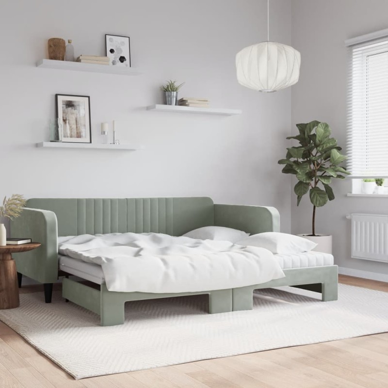 vidaXL Tagesbett Ausziehbar mit Matratzen Hellgrau 90x190 cm Samt vidaXL Tagesbett Ausziehbar mit Matratzen Hellgrau 90x190 cm Samt