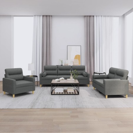 vidaXL 3-tlg. Sofagarnitur mit Kissen Dunkelgrau Stoff