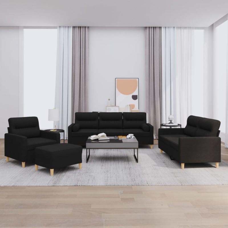 vidaXL 4-tlg. Sofagarnitur mit Kissen Schwarz Stoff vidaXL 4-tlg. Sofagarnitur mit Kissen Schwarz Stoff
