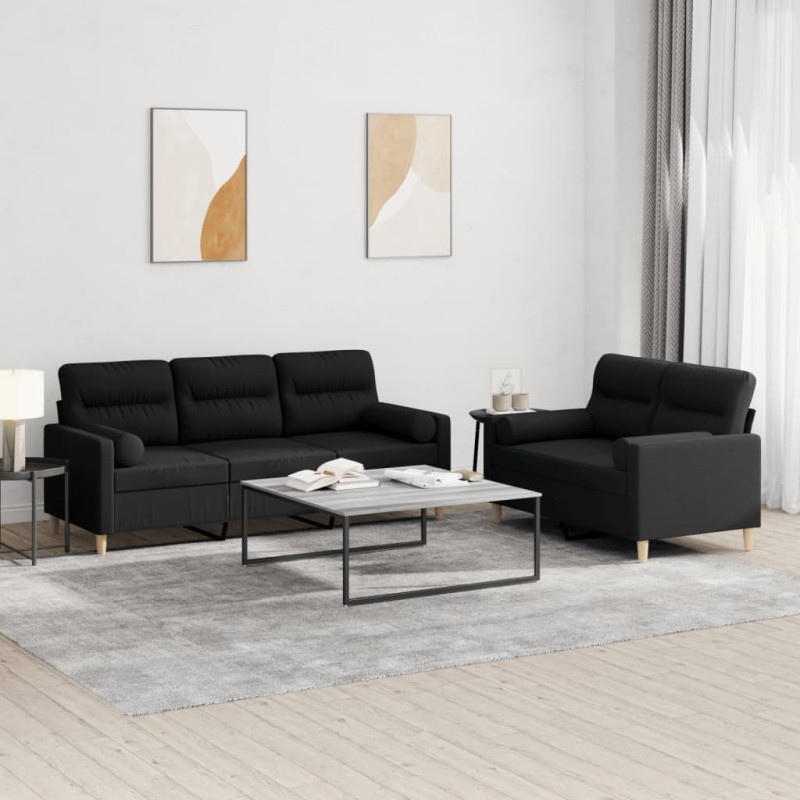 vidaXL 2-tlg. Sofagarnitur mit Kissen Schwarz Stoff vidaXL 2-tlg. Sofagarnitur mit Kissen Schwarz Stoff