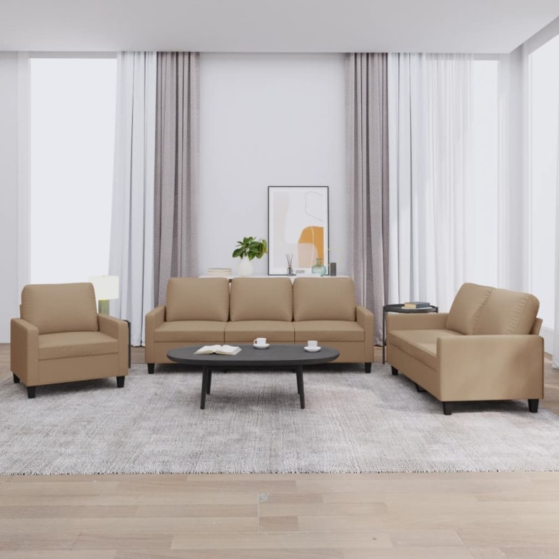 vidaXL 3-tlg. Sofagarnitur mit Kissen Cappuccino-Braun Kunstleder vidaXL 3-tlg. Sofagarnitur mit Kissen Cappuccino-Braun Kunstleder