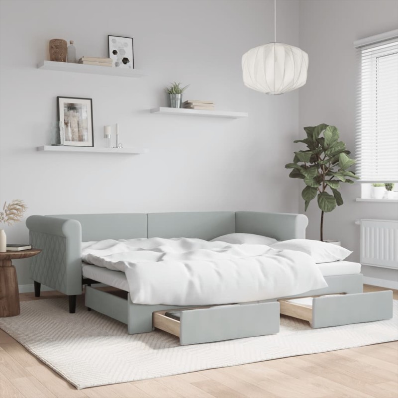 vidaXL Tagesbett Ausziehbar mit Schubladen Hellgrau 90x190 cm Samt vidaXL Tagesbett Ausziehbar mit Schubladen Hellgrau 90x190 cm Samt