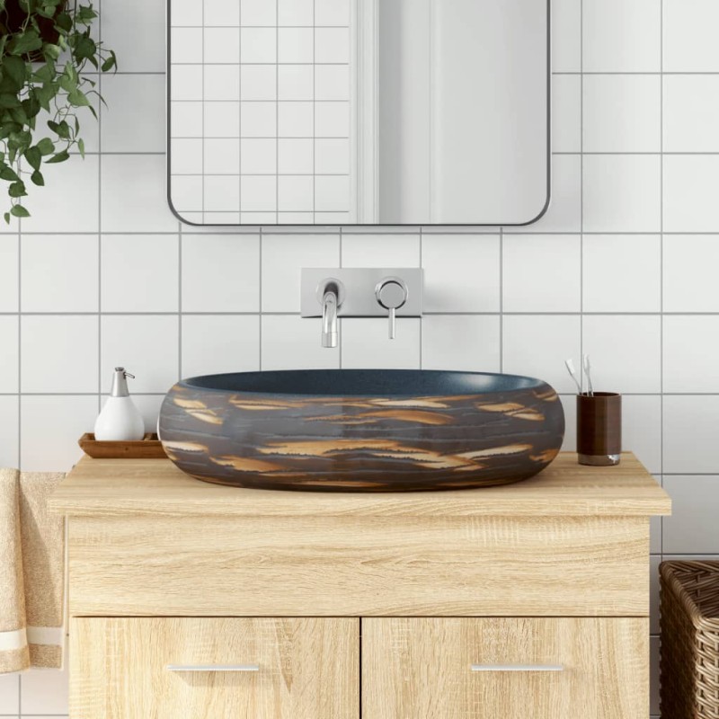 vidaXL Aufsatzwaschbecken Braun und Blau Oval 59x40x15 cm Keramik vidaXL Aufsatzwaschbecken Braun und Blau Oval 59x40x15 cm Keramik