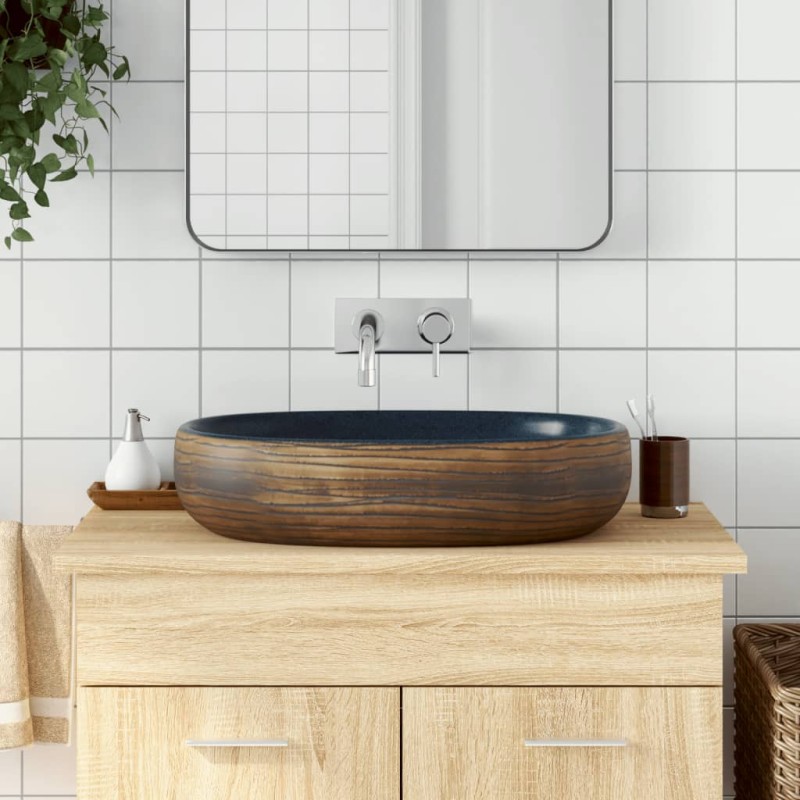 vidaXL Aufsatzwaschbecken Braun und Blau Oval 59x40x14 cm Keramik vidaXL Aufsatzwaschbecken Braun und Blau Oval 59x40x14 cm Keramik