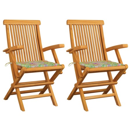 vidaXL Gartenstühle mit Blattmuster-Kissen 2 Stk. Massivholz Teak